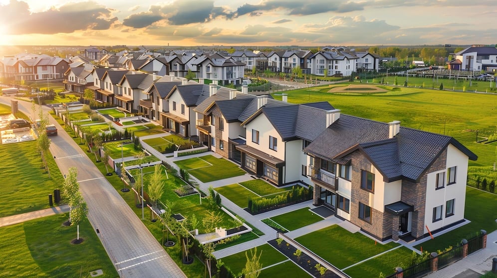 Aerial view of modern suburban neighborhood